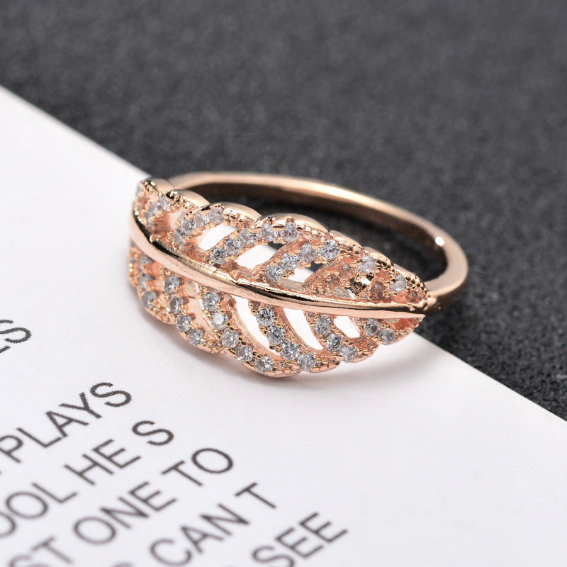 Leaf Open Ring For Women In Electroplated Copper With Rhinestone Inlay