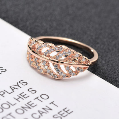 Leaf Open Ring For Women In Electroplated Copper With Rhinestone Inlay