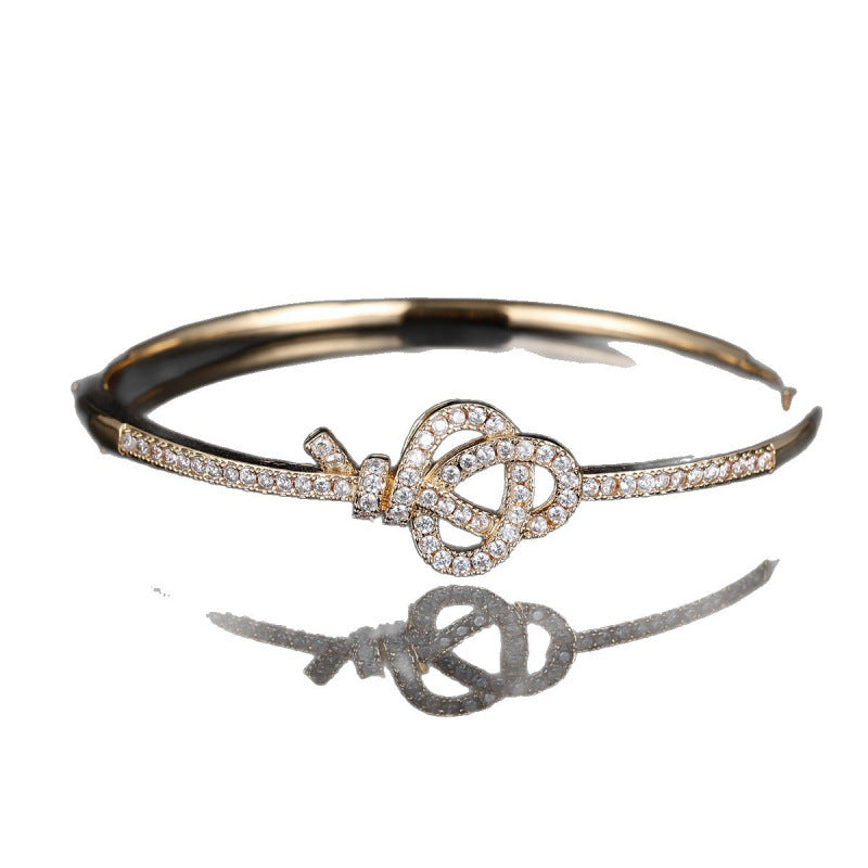 Knot Inlay Bangle In Copper With Zircon Stones, Electroplated Gold Plating For Elegant Wear