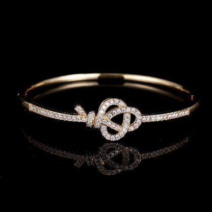 Knot Inlay Bangle In Copper With Zircon Stones, Electroplated Gold Plating For Elegant Wear