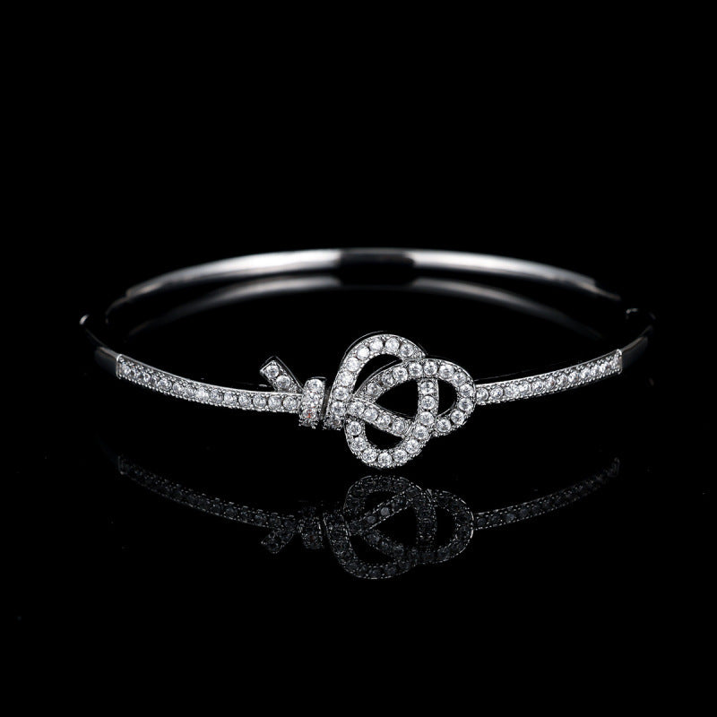 Knot Inlay Bangle In Copper With Zircon Stones, Electroplated Gold Plating For Elegant Wear