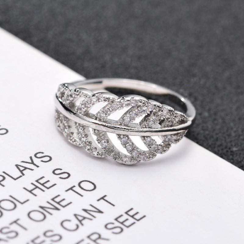 Leaf Open Ring For Women In Electroplated Copper With Rhinestone Inlay