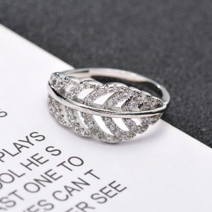 Leaf Open Ring For Women In Electroplated Copper With Rhinestone Inlay