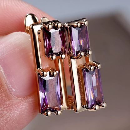 Rectangle Purple Stud Earrings For Women In Copper With Electroplated Finish
