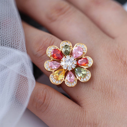 Women’s Copper Flower Ring With Zircon Inlay, Available In Colour, Perfect For Summer