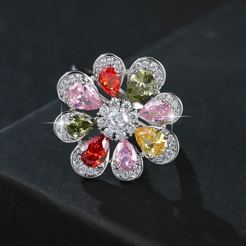 Women’s Copper Flower Ring With Zircon Inlay, Available In Colour, Perfect For Summer
