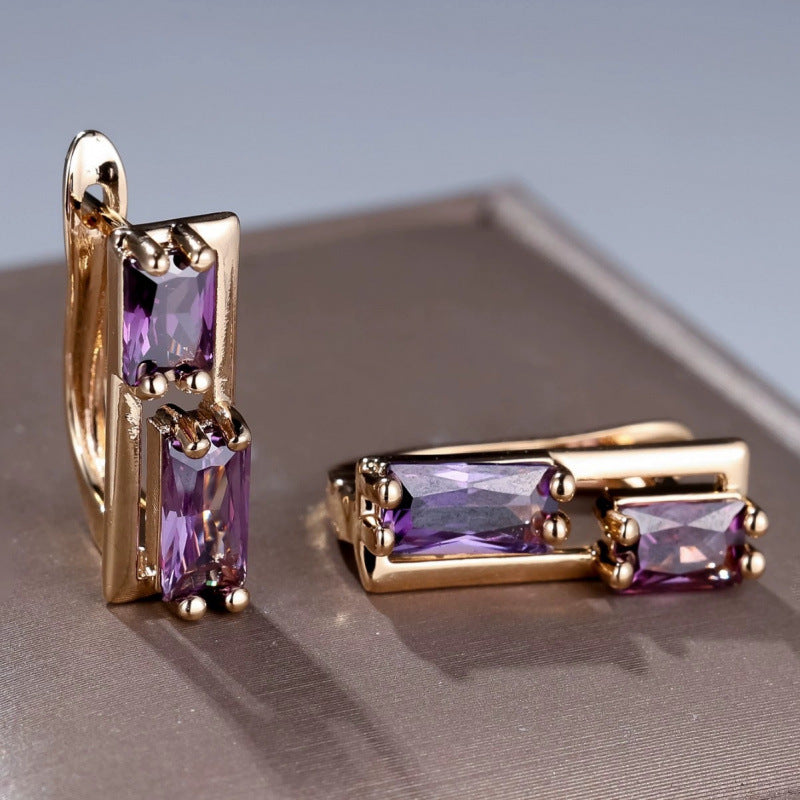 Rectangle Purple Stud Earrings For Women In Copper With Electroplated Finish