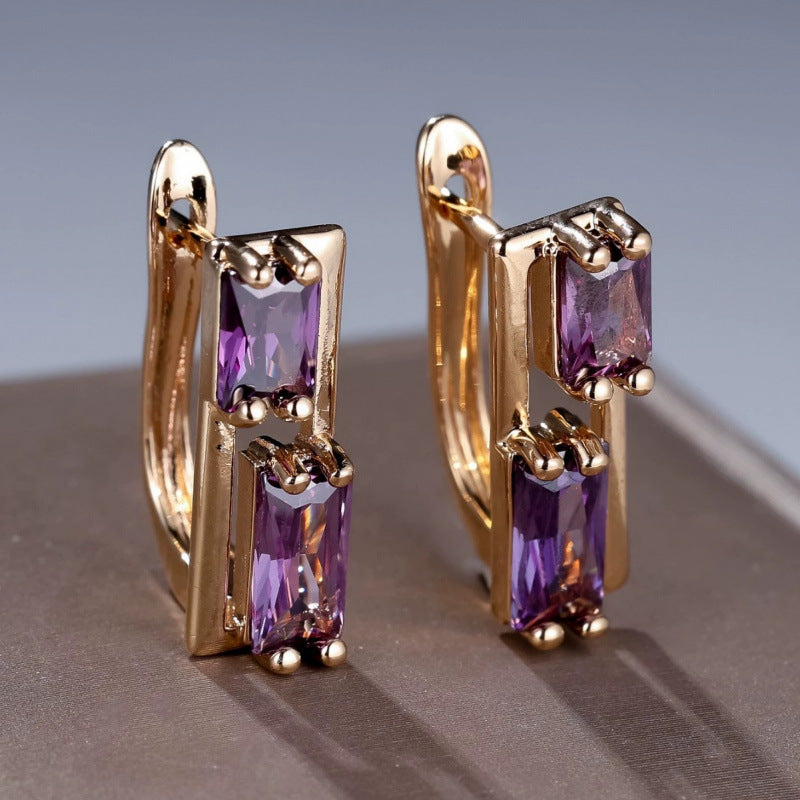 Rectangle Purple Stud Earrings For Women In Copper With Electroplated Finish