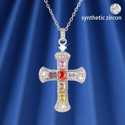 Women’s Cross Necklace With Copper Pendant And Gem Inlay Featuring Bezel Setting On Cable Chain