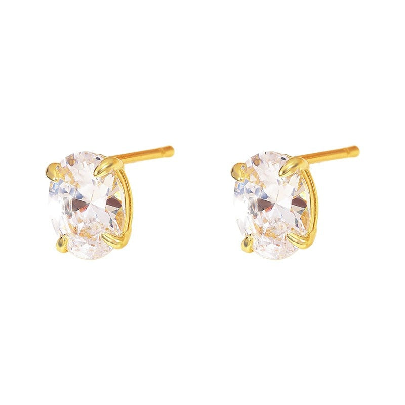 Oval White Zircon Stud Earrings For Women Featuring Copper Ear Pins