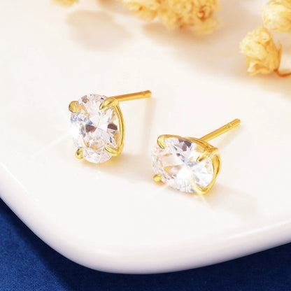Oval White Zircon Stud Earrings For Women Featuring Copper Ear Pins