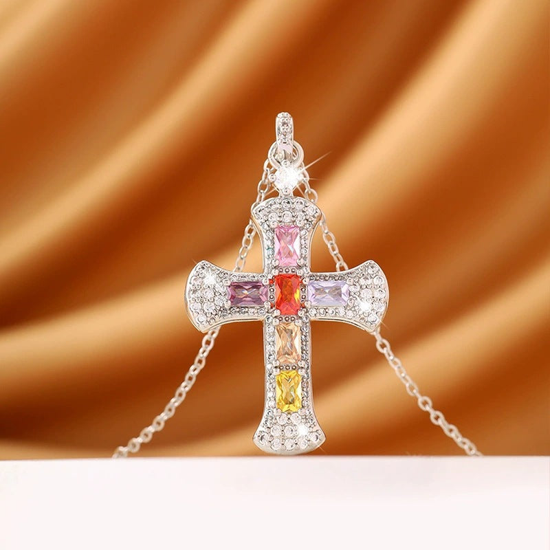 Women’s Cross Necklace With Copper Pendant And Gem Inlay Featuring Bezel Setting On Cable Chain
