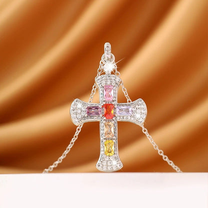 Women’s Cross Necklace With Copper Pendant And Gem Inlay Featuring Bezel Setting On Cable Chain