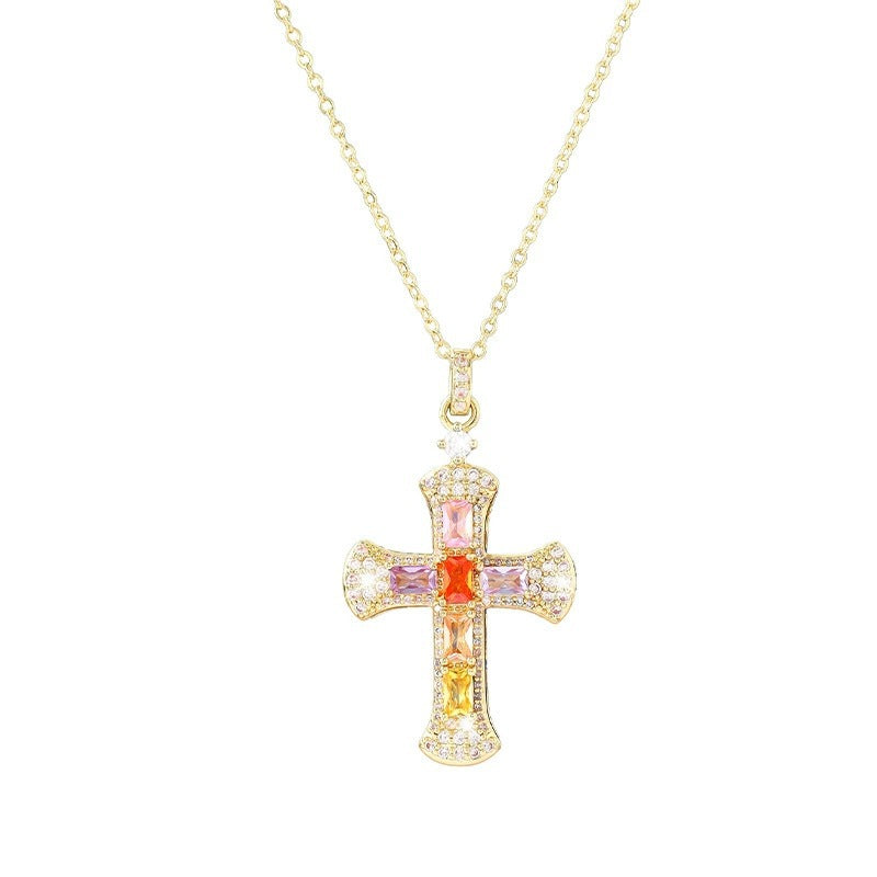Women’s Cross Necklace With Copper Pendant And Gem Inlay Featuring Bezel Setting On Cable Chain