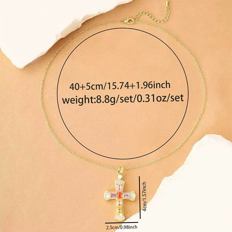 Women’s Cross Necklace With Copper Pendant And Gem Inlay Featuring Bezel Setting On Cable Chain