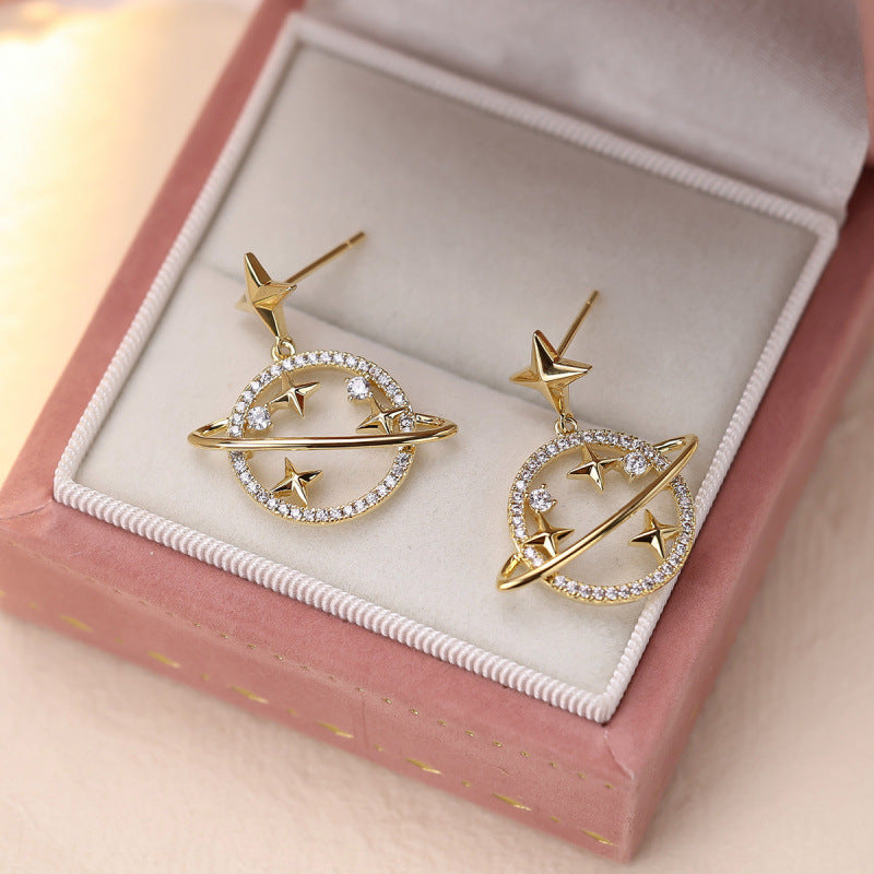 Gold Star Stud Earrings For Women Featuring Copper Ear Pins And Zircon Inlay