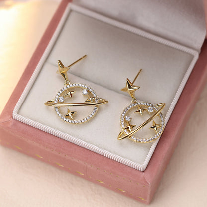 Gold Star Stud Earrings For Women Featuring Copper Ear Pins And Zircon Inlay