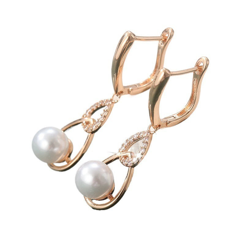 U Shape Ear Hook Stud Earrings For Women Featuring Electroplated Finish And Copper Ear Pins With Artificial Pearl Inlay