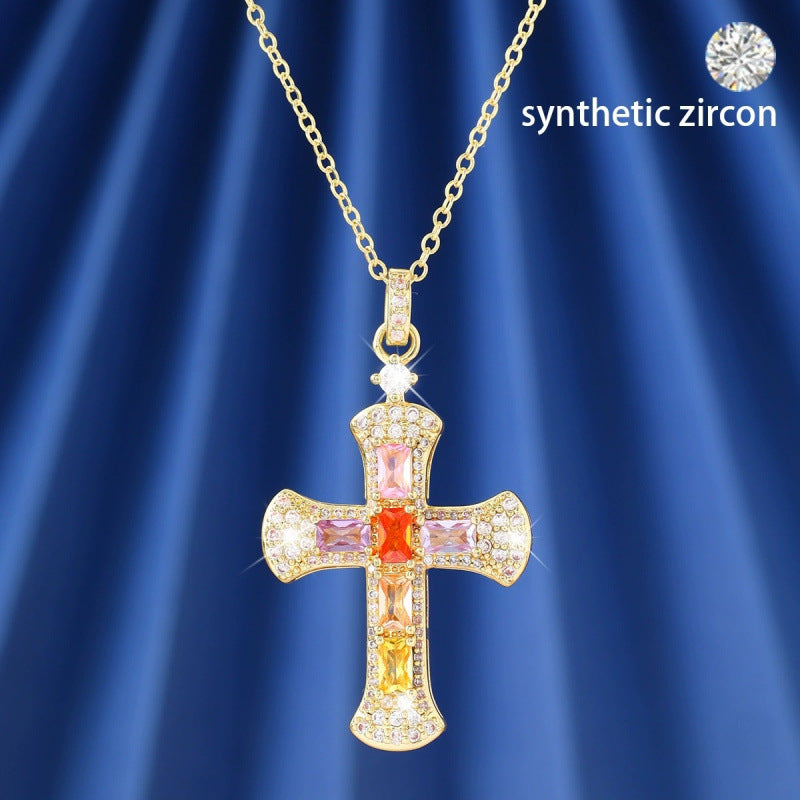 Women’s Cross Necklace With Copper Pendant And Gem Inlay Featuring Bezel Setting On Cable Chain