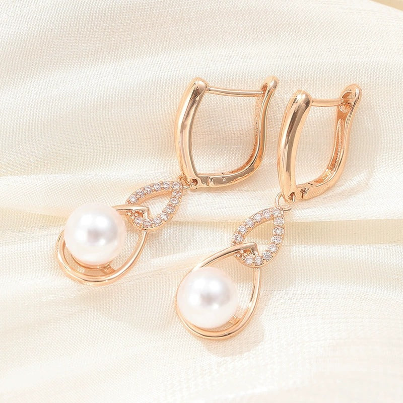 U Shape Ear Hook Stud Earrings For Women Featuring Electroplated Finish And Copper Ear Pins With Artificial Pearl Inlay