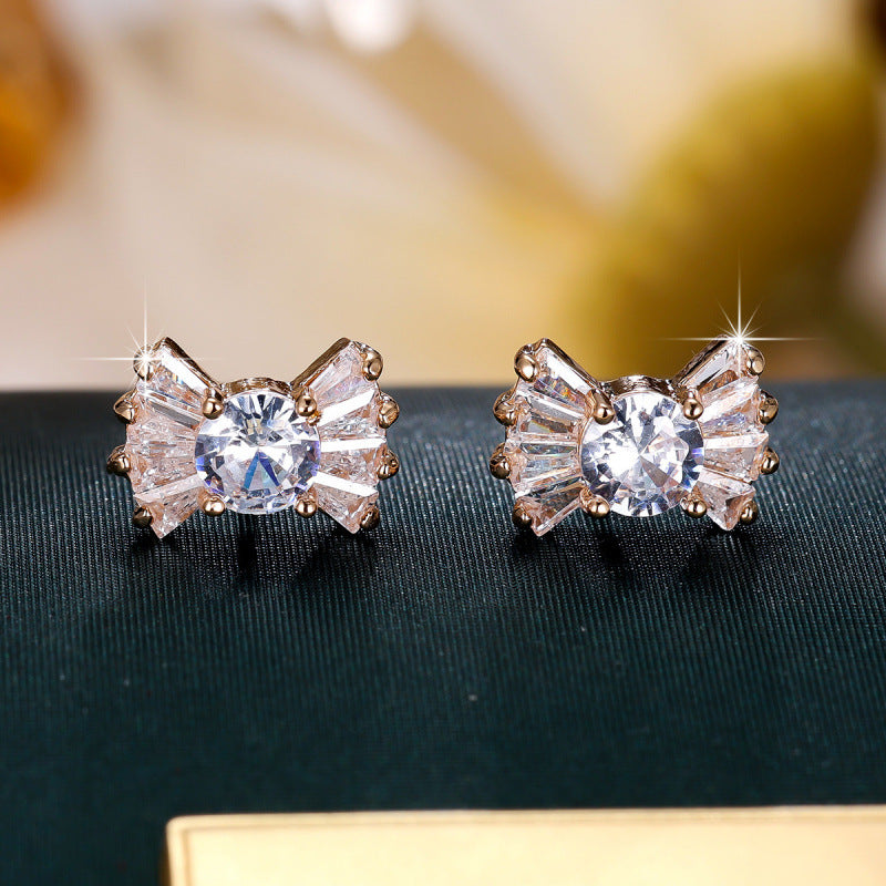 Gold Bow Tie Stud Earrings For Women Featuring Copper Ear Pins And Zircon Inlay