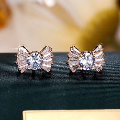 Gold Bow Tie Stud Earrings For Women Featuring Copper Ear Pins And Zircon Inlay