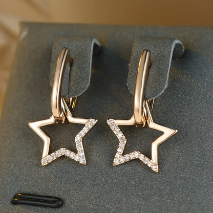 Pentagram Stud Earrings For Women In Electroplated Copper Featuring Rhinestones