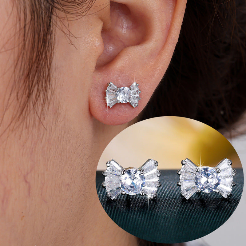 Gold Bow Tie Stud Earrings For Women Featuring Copper Ear Pins And Zircon Inlay