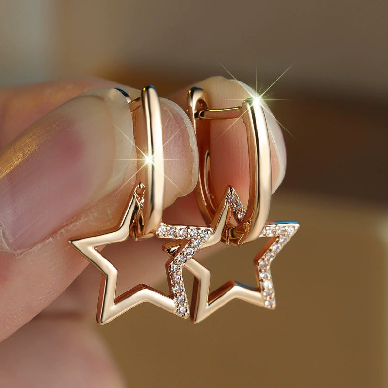 Pentagram Stud Earrings For Women In Electroplated Copper Featuring Rhinestones