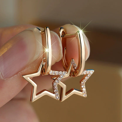 Pentagram Stud Earrings For Women In Electroplated Copper Featuring Rhinestones