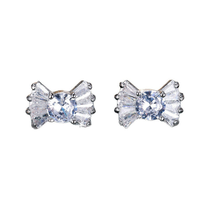 Gold Bow Tie Stud Earrings For Women Featuring Copper Ear Pins And Zircon Inlay