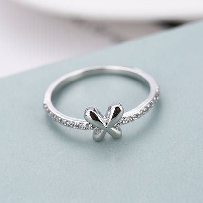 Women’s Bow Tie Ring With Bezel Setting, Platinum-Plated Copper Featuring Zircon Inlay, Electroplated Finish