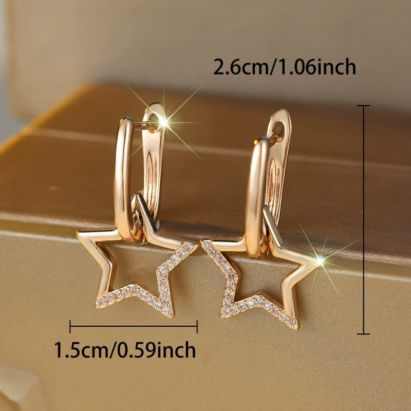 Pentagram Stud Earrings For Women In Electroplated Copper Featuring Rhinestones