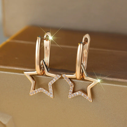 Pentagram Stud Earrings For Women In Electroplated Copper Featuring Rhinestones