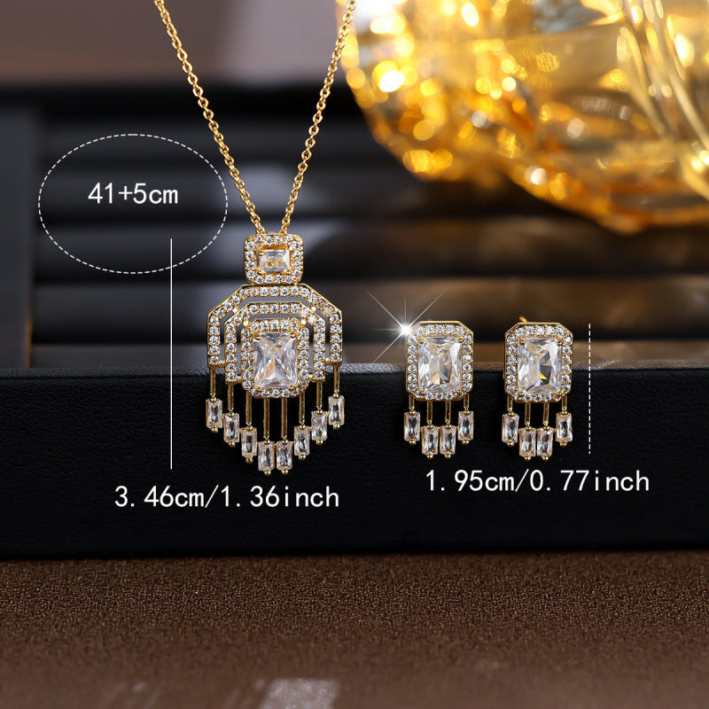 Square Brass Necklace For Women With Electroplated Gold Plating And Zircon Inlay, 1 Set Jewelry Set