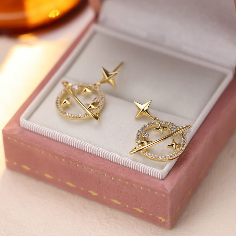 Gold Star Stud Earrings For Women Featuring Copper Ear Pins And Zircon Inlay