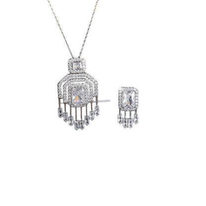 Square Brass Necklace For Women With Electroplated Gold Plating And Zircon Inlay, 1 Set Jewelry Set