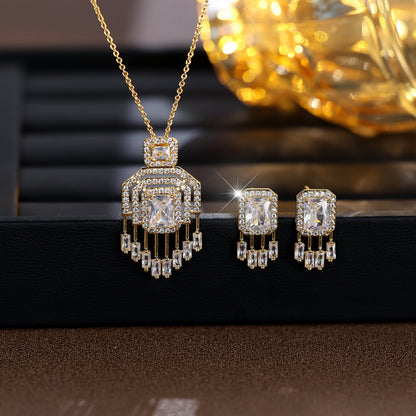 Square Brass Necklace For Women With Electroplated Gold Plating And Zircon Inlay, 1 Set Jewelry Set