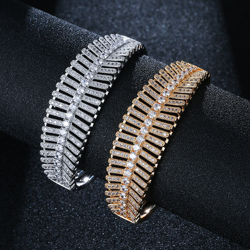 Gold Electroplated Copper Bangle With Rhinestone Inlay, Elegant Daily Wear Jewelry