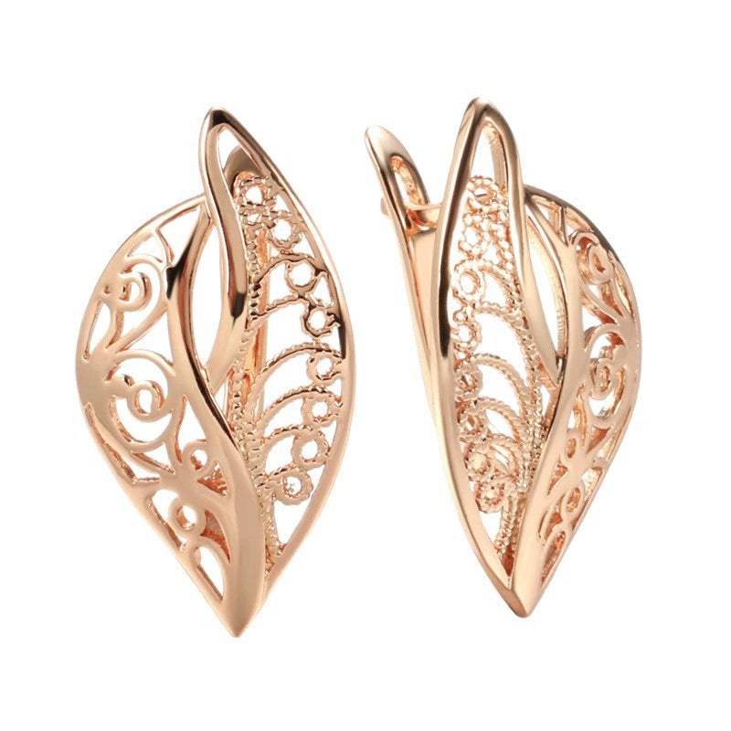 For Women Simple Style Champagne Leaf Earrings With Copper Studs