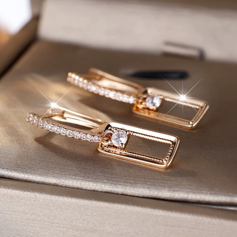 Rectangle Stud Earrings For Women, Copper Material Featuring Rhinestones, Electroplated Finish With 925 Sterling Silver Posts
