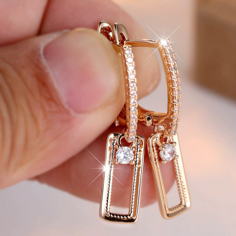 Rectangle Stud Earrings For Women, Copper Material Featuring Rhinestones, Electroplated Finish With 925 Sterling Silver Posts