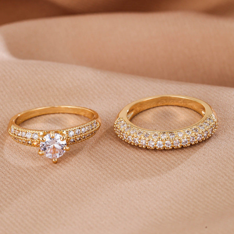 Round Couple Rings In Copper With Electroplated Gold Plating And Rhinestone Inlay