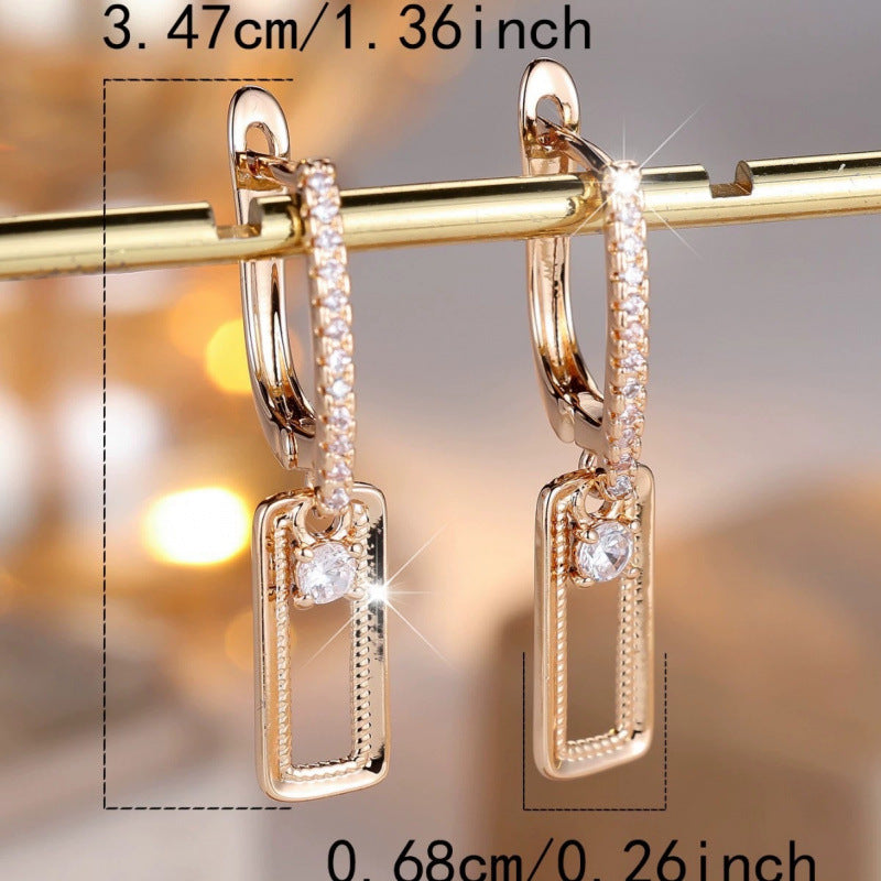 Rectangle Stud Earrings For Women, Copper Material Featuring Rhinestones, Electroplated Finish With 925 Sterling Silver Posts