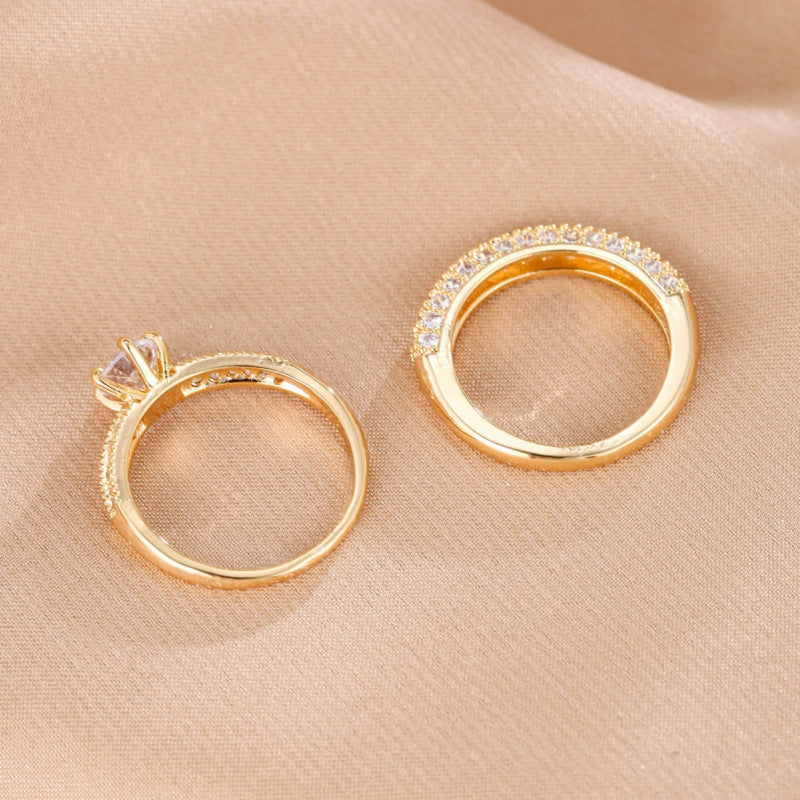 Round Couple Rings In Copper With Electroplated Gold Plating And Rhinestone Inlay