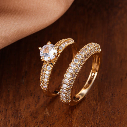 Round Couple Rings In Copper With Electroplated Gold Plating And Rhinestone Inlay