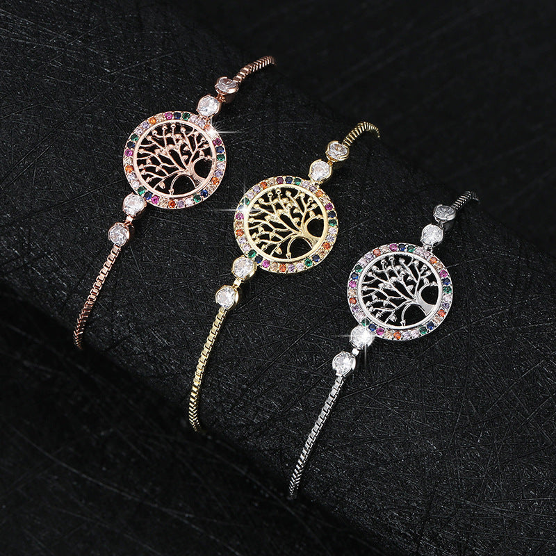 Life Tree Handmade Bracelets For Women In Titanium Steel With Electroplated Gold Plating And Rhinestone Inlay