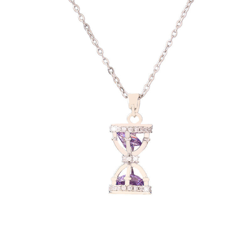 Women’s Sand Clock Pendant Necklace In Silver With Bezel Setting, Copper Material And Zircon Inlay On Cable Chain