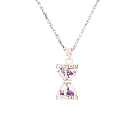 Women’s Sand Clock Pendant Necklace In Silver With Bezel Setting, Copper Material And Zircon Inlay On Cable Chain