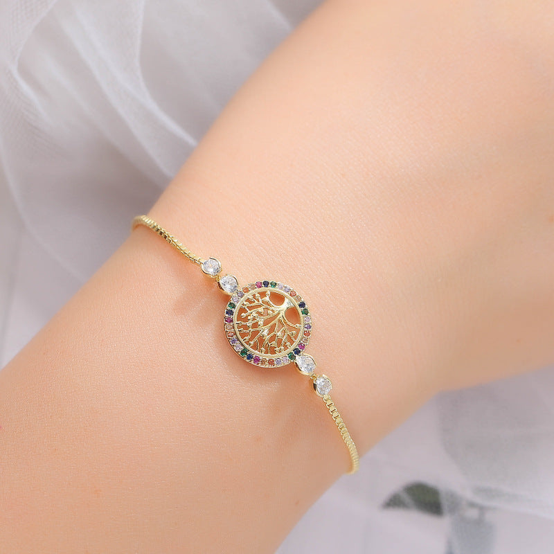 Life Tree Handmade Bracelets For Women In Titanium Steel With Electroplated Gold Plating And Rhinestone Inlay